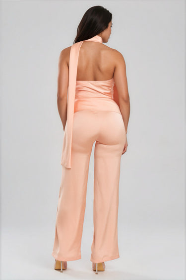 Classic Satin Asymmetric Scarf Halter Ruched Top Two-piece Pants Set