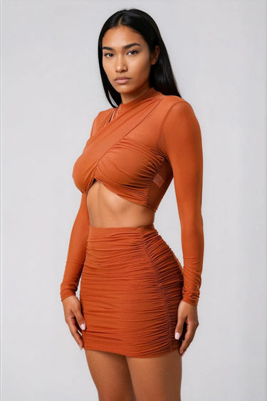 Can We Talk Crossed-Front Sheer Top and Skirt Two-Piece Set