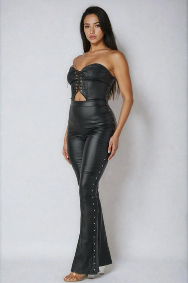 Edgy Coated Front Lace-Up Flare Jumpsuit