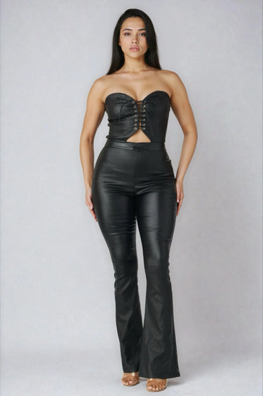 Edgy Coated Front Lace-Up Flare Jumpsuit