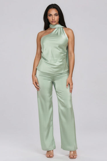 Classic Satin Asymmetric Scarf Halter Ruched Top Two-piece Pants Set