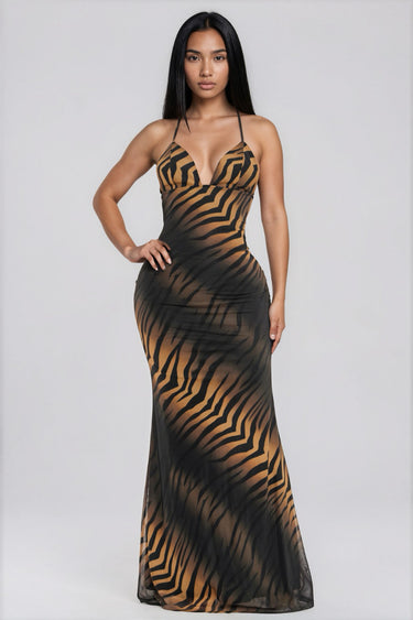 Stare At You Deep V-neck Leopard Print Halter Dress