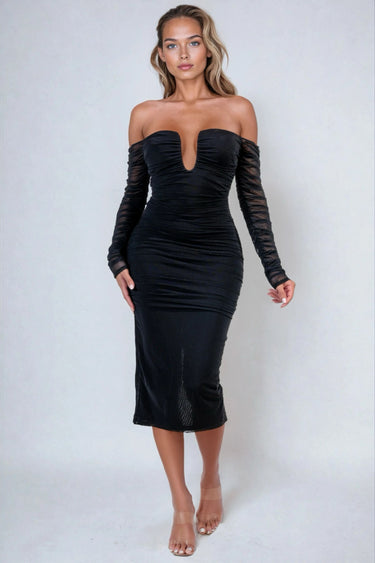 Catch your eye mesh off shoulder midi dress