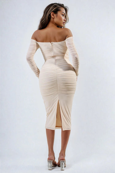 Catch your eye mesh off shoulder midi dress
