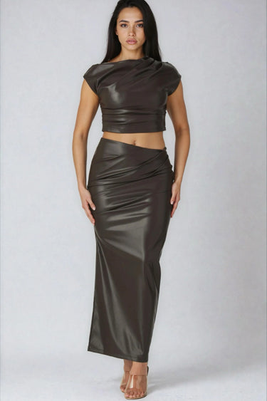 All Night Long Top and Maxi Skirt PU Two-Piece Set