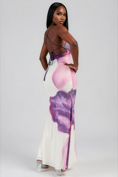 Serial Lover Mesh Print With Cowl Neck Maxi Dress