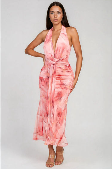Brunch Dates Metallic Mesh Print Maxi Dress With Front Sash