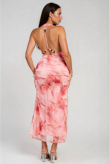 Brunch Dates Metallic Mesh Print Maxi Dress With Front Sash