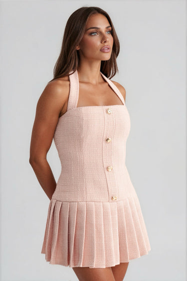 Care For You Tweed Pleated Halter Mini Dress