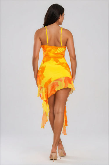 Love You Down Mesh Floral Print Asymmetrical Ruffle Mini Dress