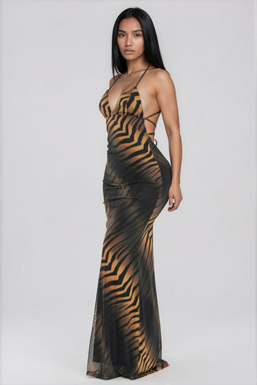 Stare At You Deep V-neck Leopard Print Halter Dress