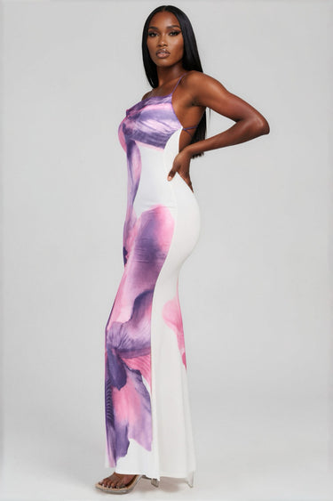 Serial Lover Mesh Print With Cowl Neck Maxi Dress