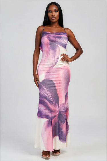 Serial Lover Mesh Print With Cowl Neck Maxi Dress